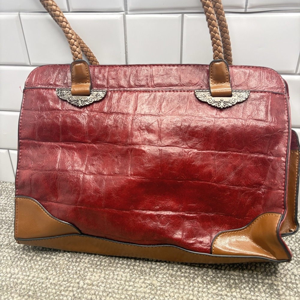 Bueno Leather Handbag Red Brick Color Woven Handle Nice - Picture 2 of 10